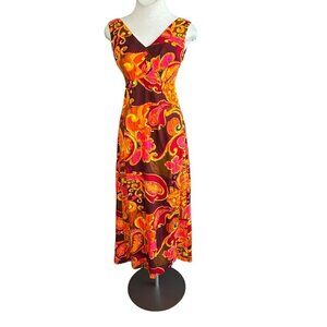 Mildred's of Hawaii Orange Floral Barkcloth Maxi Empire Waist Dress Pleated Back